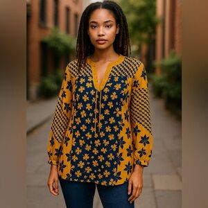 Cabi Womens Harmony Floral Blouse Ruffle Long Sleeve Sheer Top Yellow Blue Small